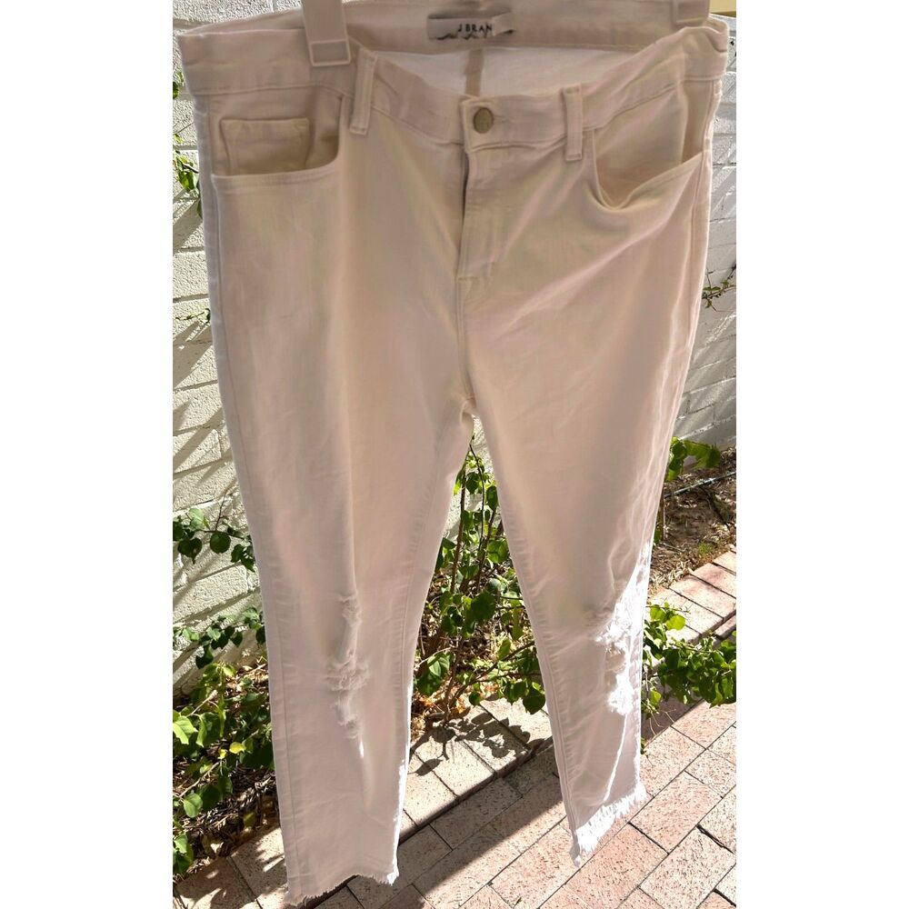 J Brand Womans Cropped Demented Jeans Size 32 White Denim Distressed Raw Hem